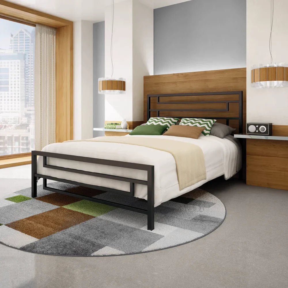 Modern steel bed frame in contemporary bedroom with geometric rug and wood accents