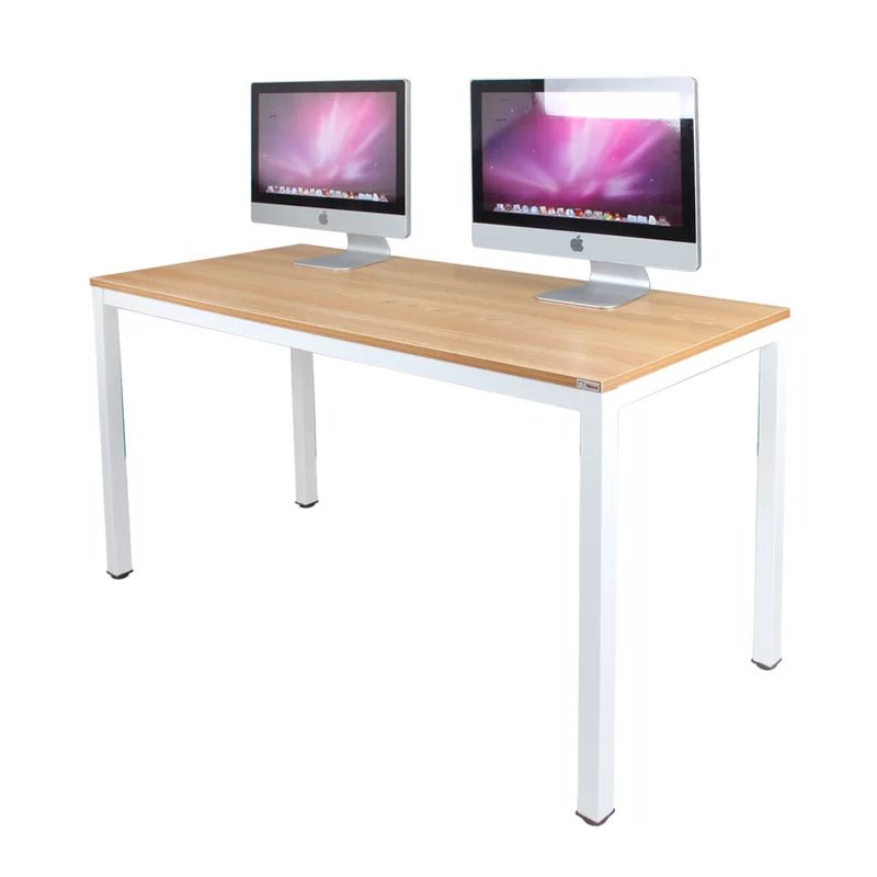 Modern wooden office desk with white metal legs, featuring two desktop computers.