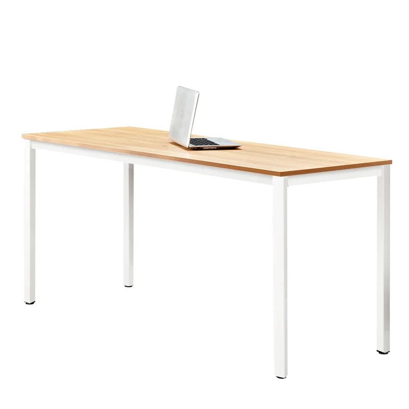 Modern wooden desk with white metal legs and an open laptop on top