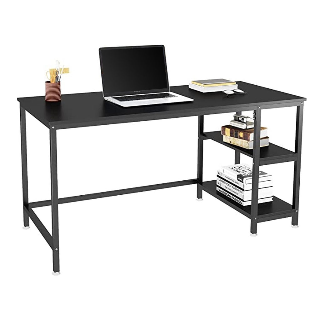 Modern black office desk with shelves, laptop, books, and stationery on tabletop