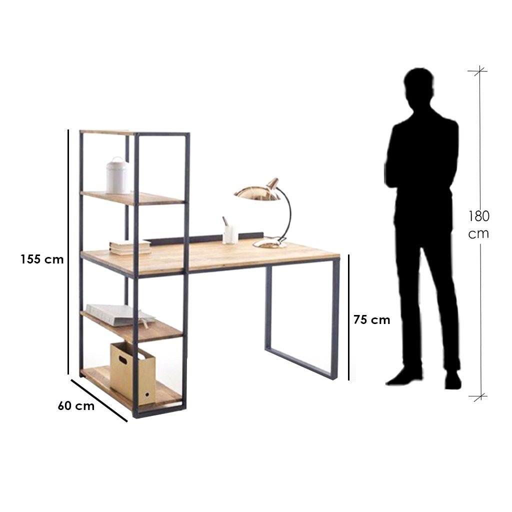 Modern black and beige desk with shelving, 130x60x155 cm, shown beside 180 cm person for scale