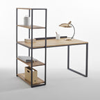 Modern black and beige desk with shelves, metal frame, and wood top, office furniture