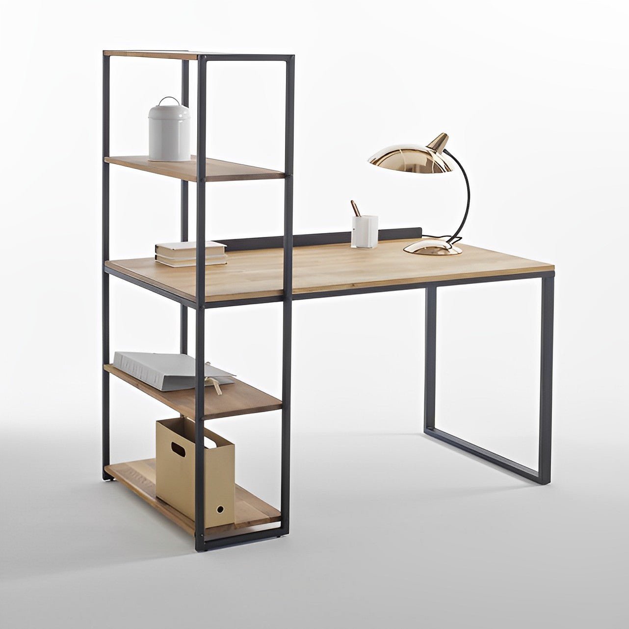 Modern black and beige desk with metal frame, open shelving, and minimalist decor