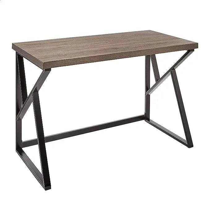 Modern desk with black metal frame and brown wood top, minimalist home office furniture