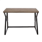Modern black metal frame desk with brown wood top, minimalist home office furniture