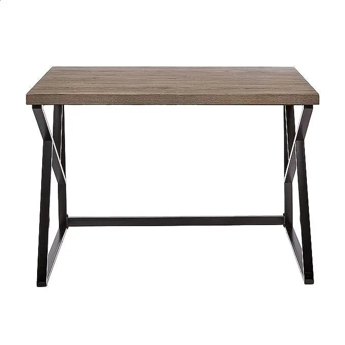 Modern black metal frame desk with brown wood top, minimalist home office furniture