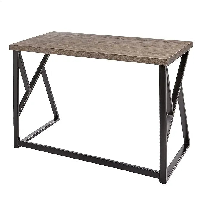 Modern black metal and brown wood desk with geometric frame design