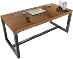 Modern black and brown office desk with metal legs, featuring a laptop and books