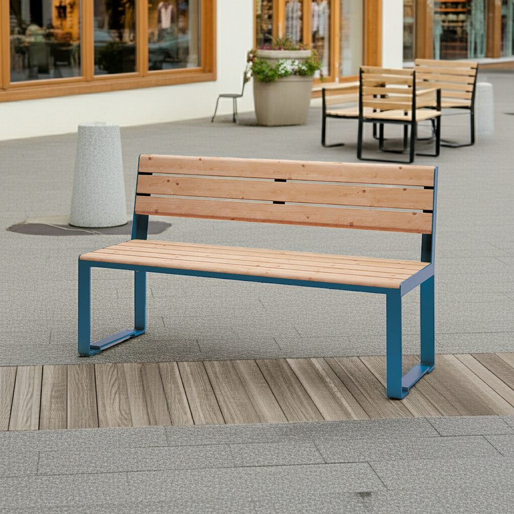 Modern wooden bench with metal frame on outdoor patio near a building, stylish seating furniture