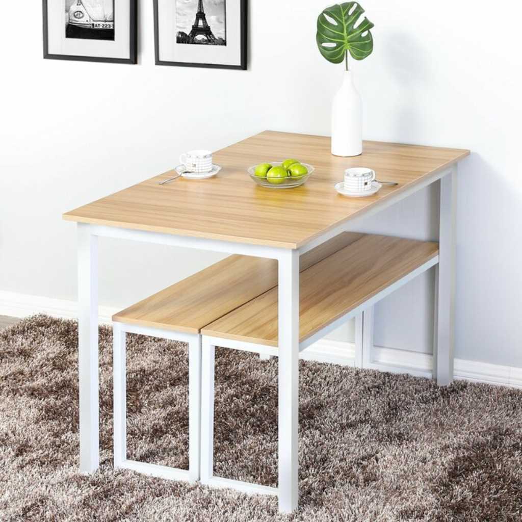 Dining table  and 2 Benches - White & Beige