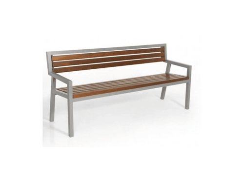 Modern wooden slat bench with metal frame, ideal for indoor or outdoor seating