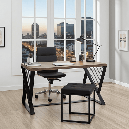 Modern office desk with metal frame, black chair, and city view in bright room