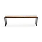 Modern solid oak bench with black metal legs on white background