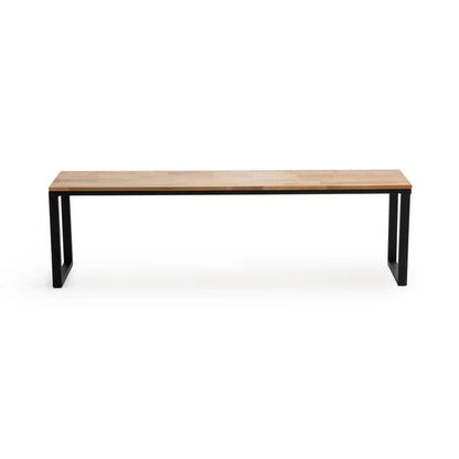 Modern solid oak bench with black metal legs on white background