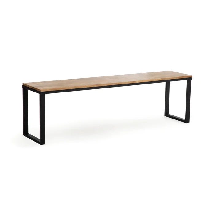 Solid oak bench with black metal legs, minimalist modern furniture design on white background