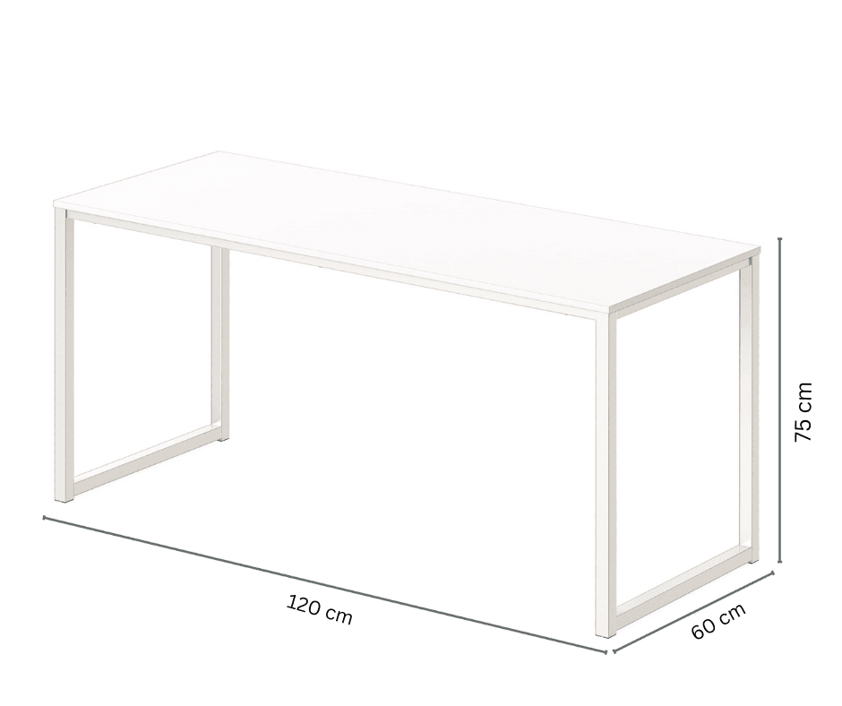 Modern white office desk with minimalist metal frame, dimensions 120x60x75 cm