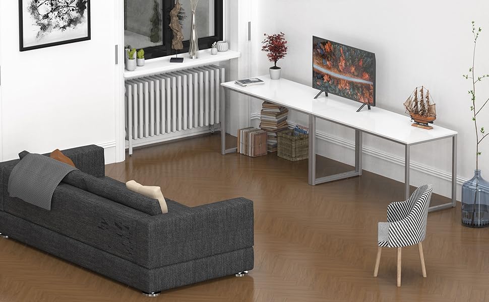 Modern white office desk with metal legs in a stylish living room setup
