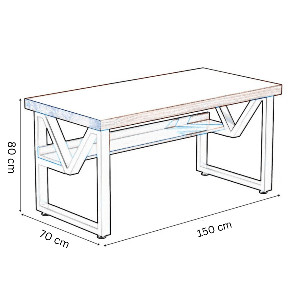 Double layer computer desk with metal frame, wooden top, and dimensions 150x70x80 cm