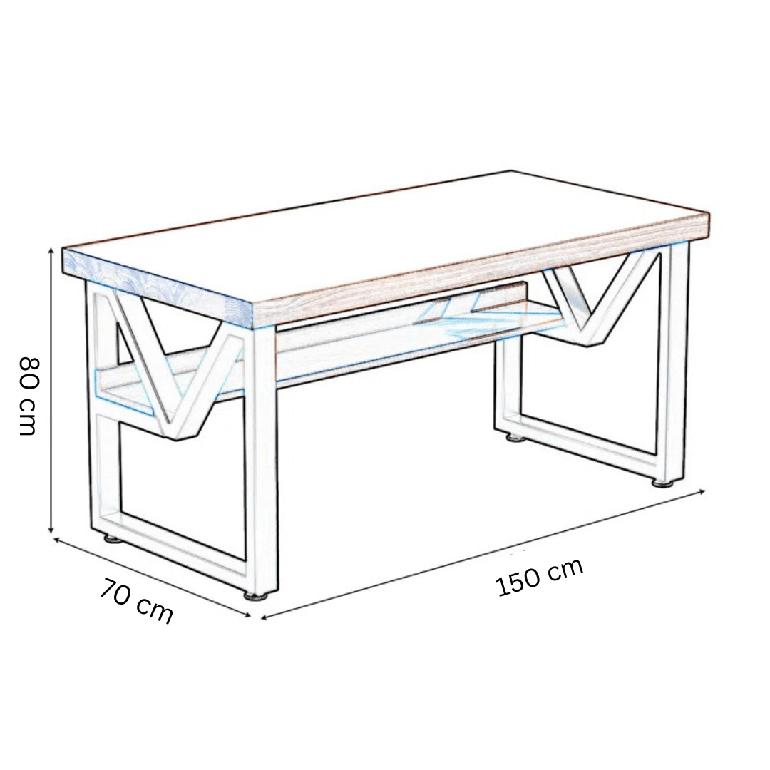 Double layer computer desk with metal frame, wooden top, and dimensions 150x70x80 cm