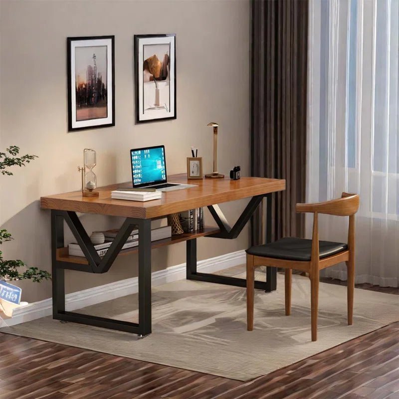 Modern double-layer computer desk with wooden top and metal legs in home office setting