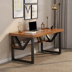 Modern double-layer computer desk with wood top, metal frame, and storage shelf in home office.