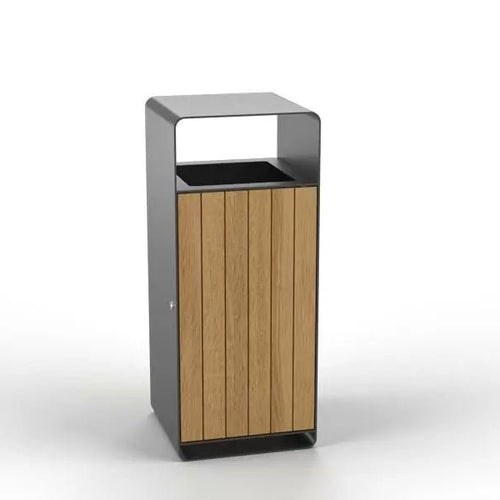 Modern rectangular wastebasket with wood panel front and open top on white background