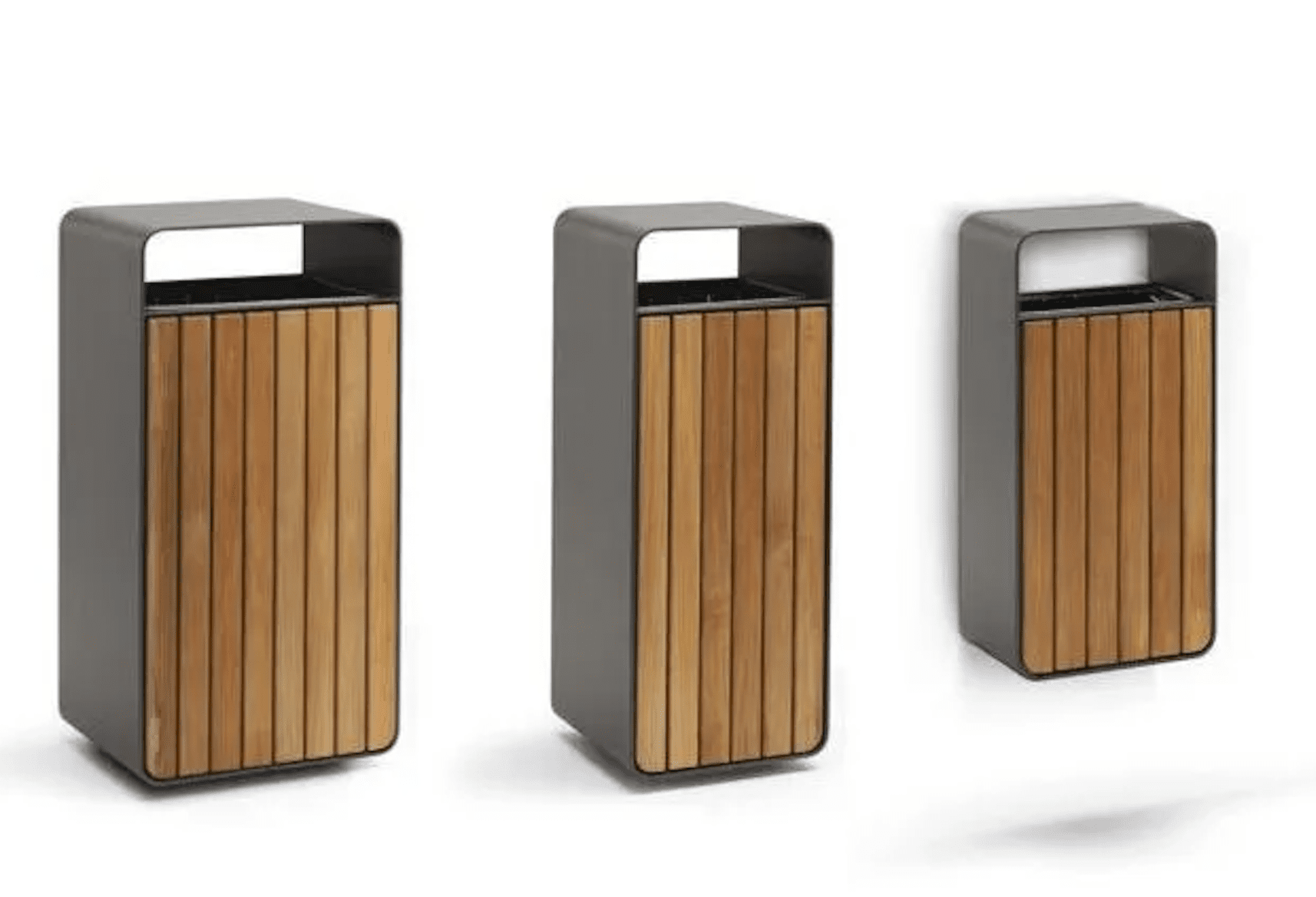 Modern wastebaskets with wood slat panels and black frames on a white background