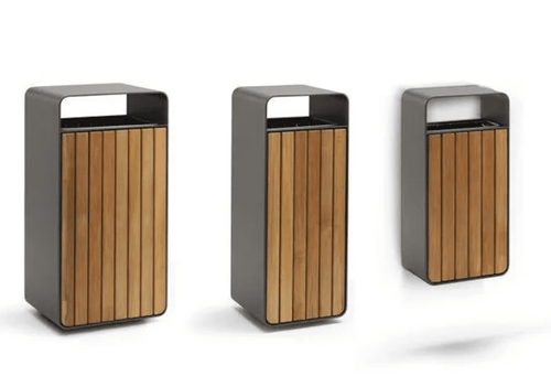 Modern wastebaskets with wood slat panels and black frames on a white background