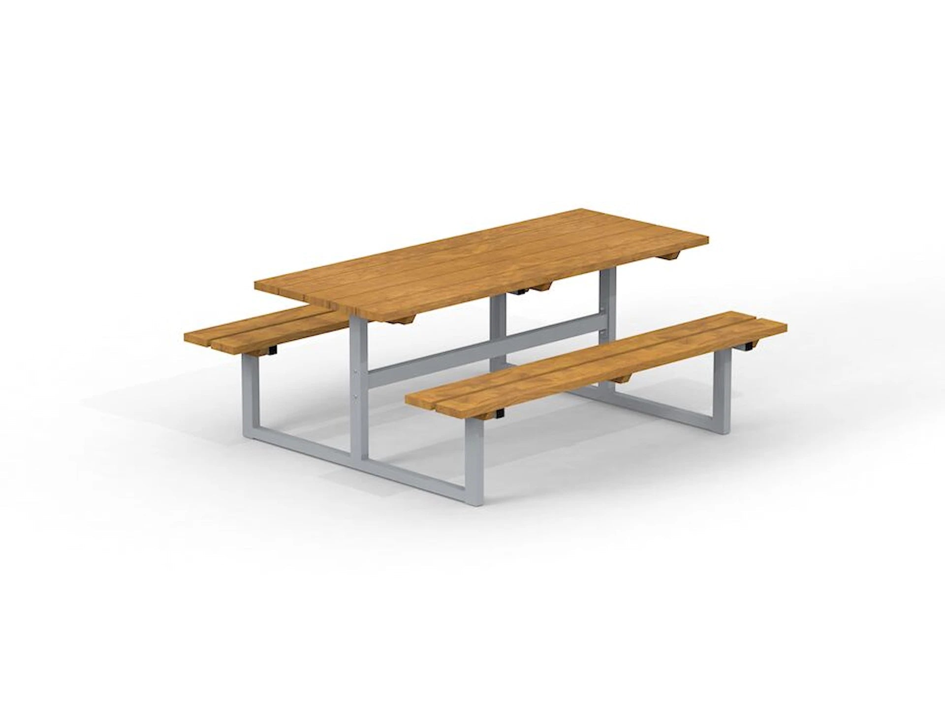 Modern wooden bench table with metal frame, ideal for dining or outdoor seating
