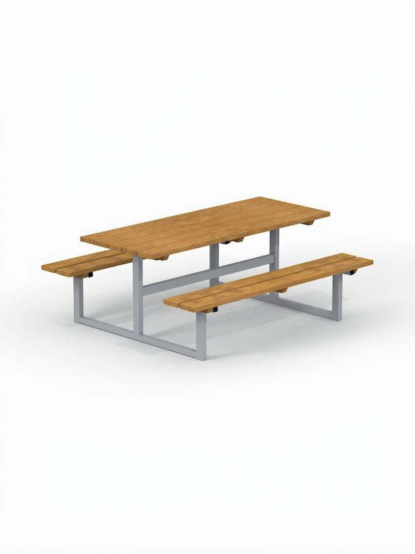 Modern wooden bench table with metal frame, ideal for dining or outdoor seating