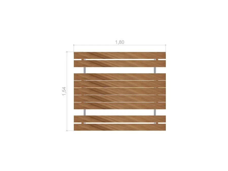 Top view of rectangular wooden table with measurements, modern slatted design