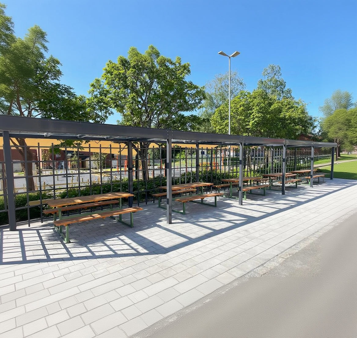 Outdoor wooden benches and tables under metal pergolas on a paved patio, surrounded by trees
