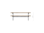 Modern wooden bench table with metal legs, front view, height measurement shown