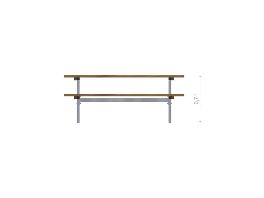 Modern wooden bench table with metal legs, front view, height measurement shown