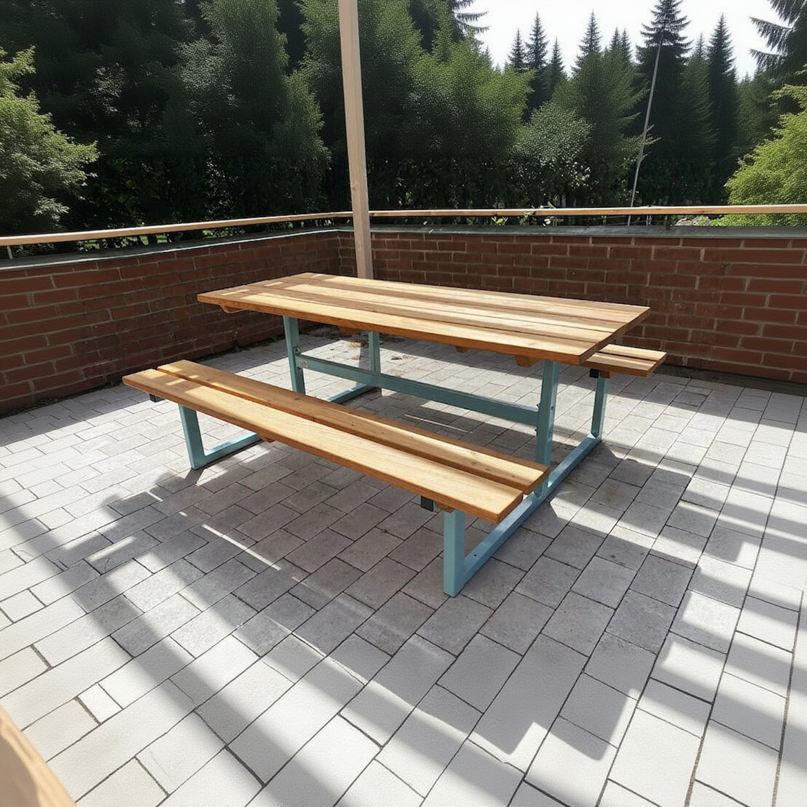 Modern outdoor wooden bench and table set with light blue metal frame on a patio