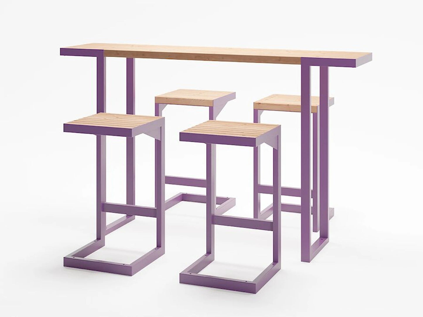 Modern bar table set with purple metal frames and light wood surfaces, includes four stools.