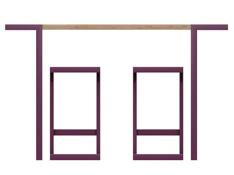 Modern bar set with wooden tabletop and two purple metal bar stools, minimalist design furniture