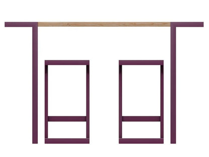 Modern bar set with wooden tabletop and two purple metal bar stools, minimalist design furniture