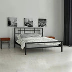 Modern black metal bed frame with geometric headboard in minimalist bedroom