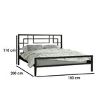 Modern metal bed frame 150x200 cm with geometric headboard, bedding, and size dimensions