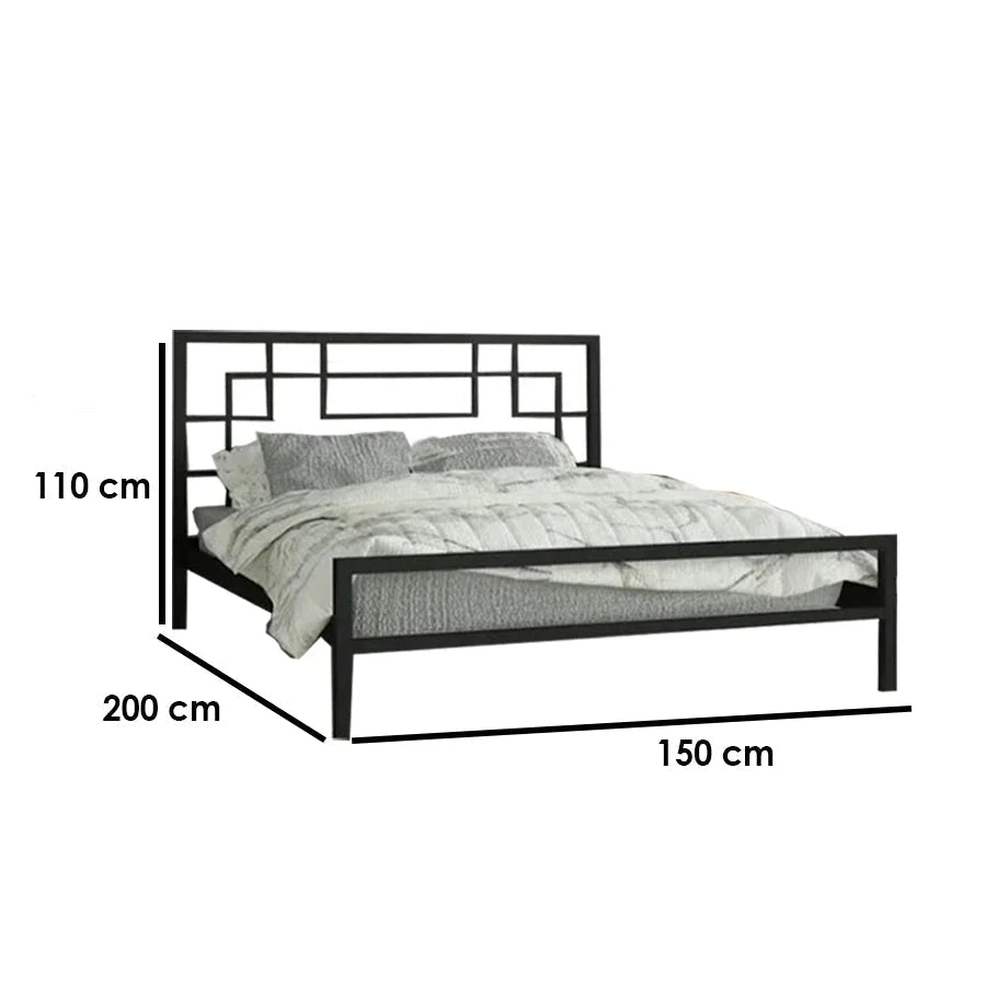 Modern metal bed frame 150x200 cm with geometric headboard, bedding, and size dimensions