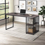 Modern wood and metal office desk with storage shelves, laptop, and lamp in bright home office