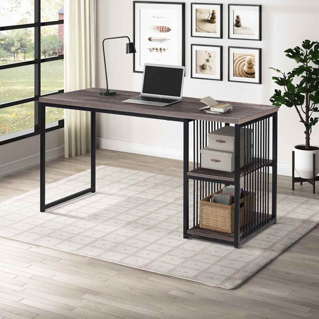 Modern brown and black desk with two storage racks in a home office setting