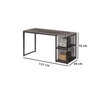 Modern brown and black desk with two storage racks, metal frame, and dimensions labeled