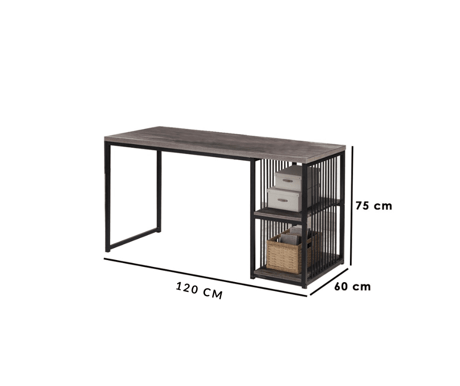 Modern brown and black desk with two storage racks, metal frame, and dimensions labeled