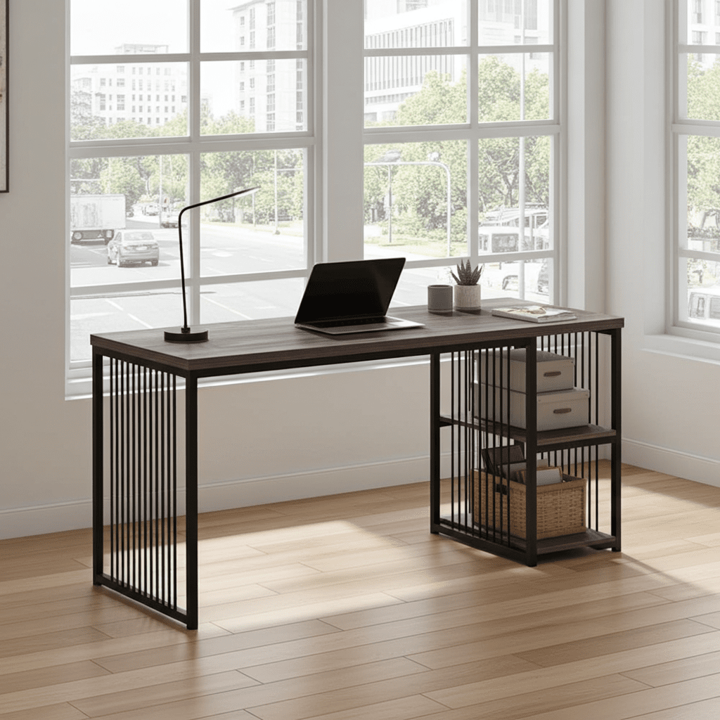 Modern brown and black desk with two storage racks in a bright home office setting