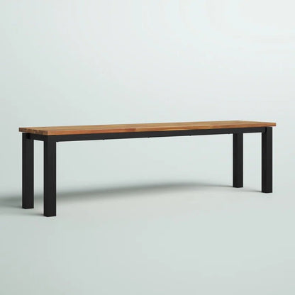 Modern metal and wood outdoor bench with black legs on a light background