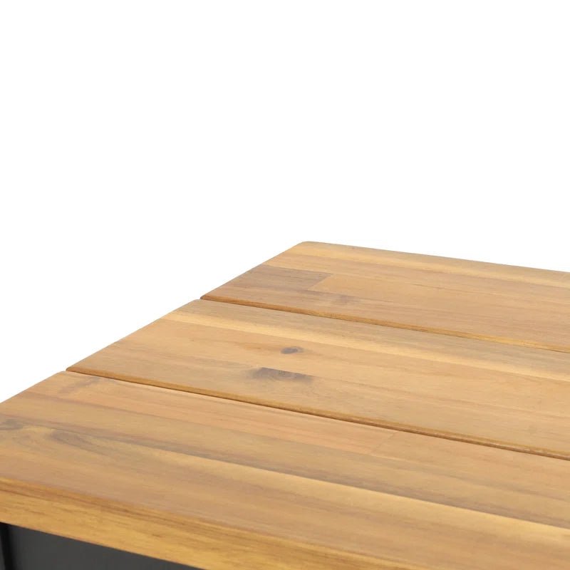 Close-up of a wooden outdoor bench top with natural wood grain detail