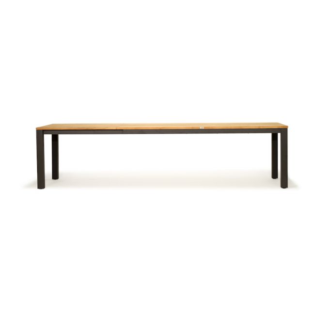 Modern metal outdoor bench with wood seat and black legs, minimalist furniture style