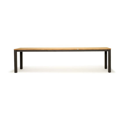 Modern metal outdoor bench with wood seat and black legs, minimalist furniture style